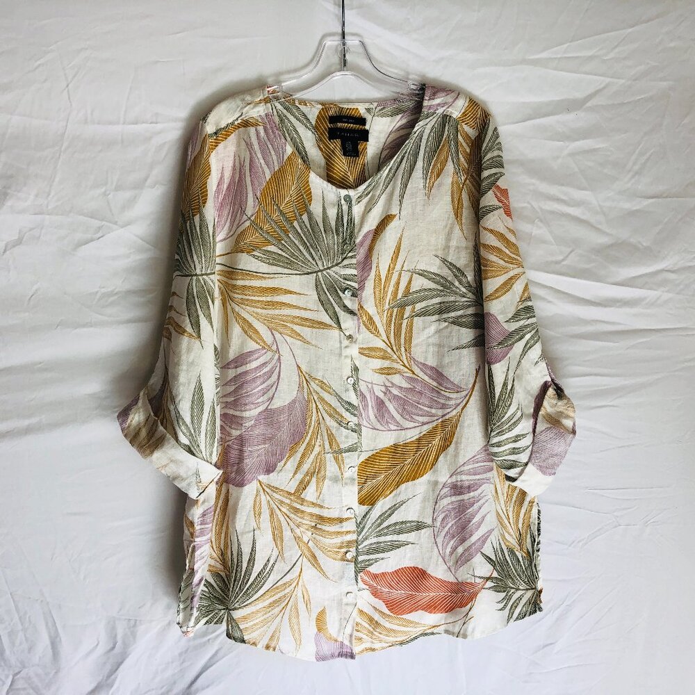 Tahari 100% Linen Women's Size 1X‎ Tropical Leaf Print Button Up Tunic Top